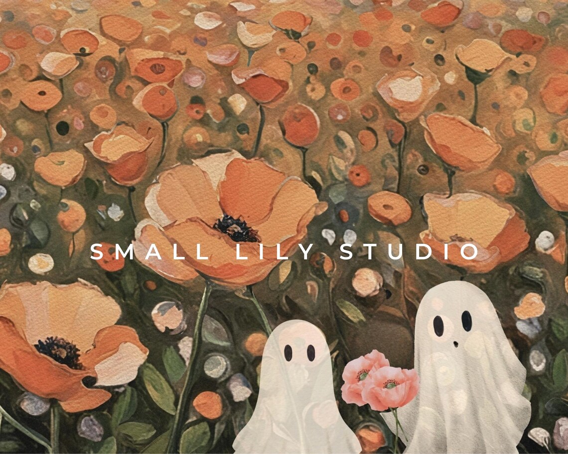 Ghost Couple Poppy Field Sunset Romantic Cute Halloween Painting Poster - Image 4