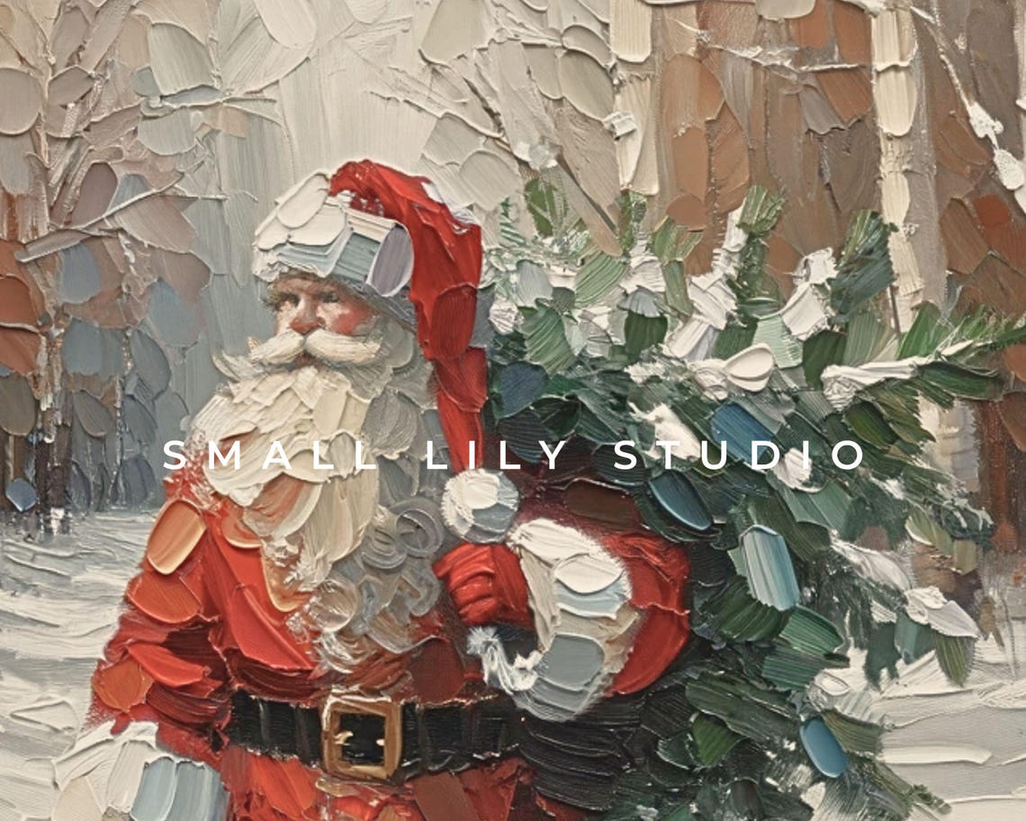 Santa Claus Carrying Christmas Tree in Snow Textured Impasto Poster - Image 4