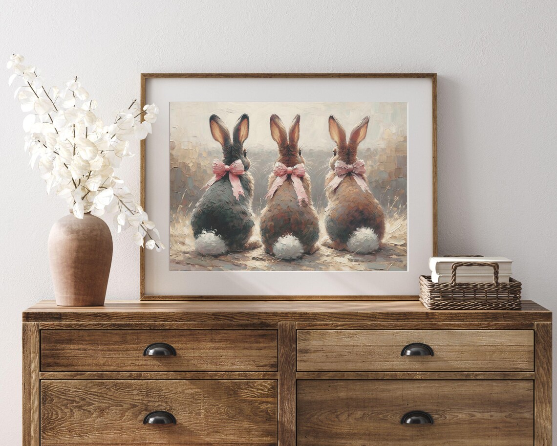 Three Bunnies With Pink Bows Vintage Rabbit Nursery Wall Art Poster - Image 3