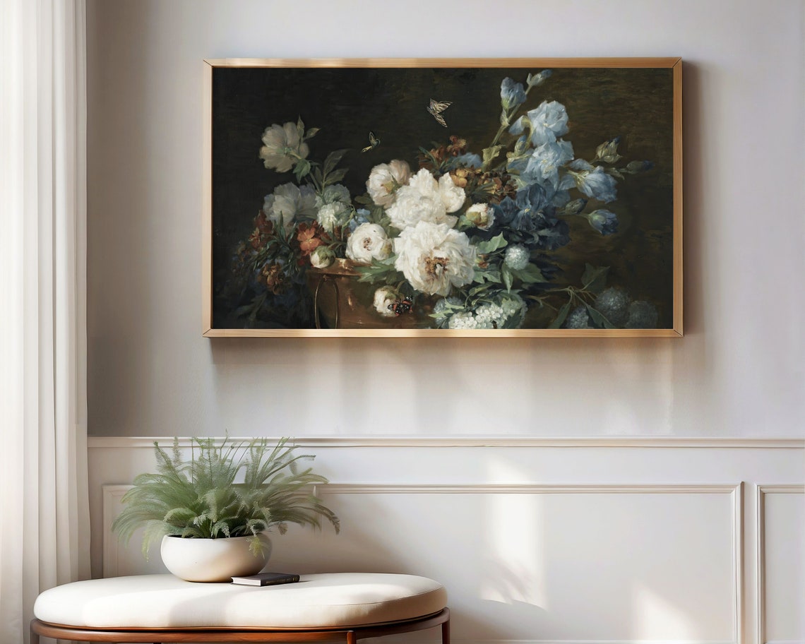 Blue and White Blooms With Butterfly Dark Vintage Botanical Art Poster - Image 3