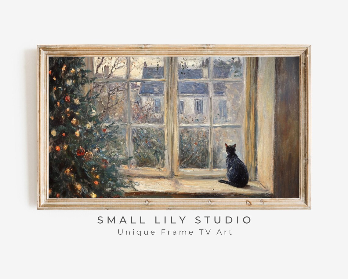 Christmas Cat Looking Out Window, Vintage Style Art Print