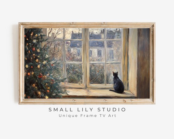 Christmas Cat Looking Out Window, Vintage Style Art Print