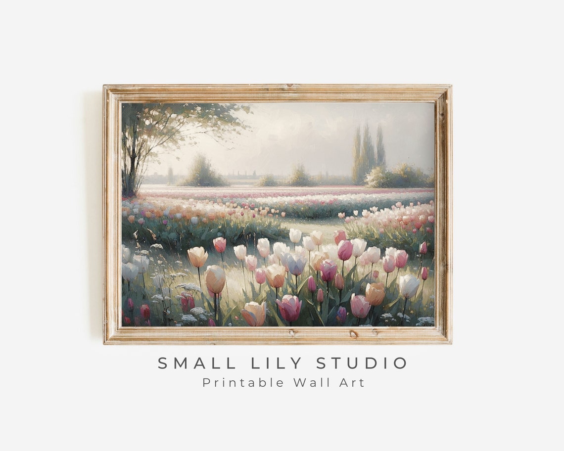 Tulip Landscape Print Spring Floral Print Field Of Flowers Vintage Style Painting Pink Floral Print Girls Room Nursery P086 - Image 3