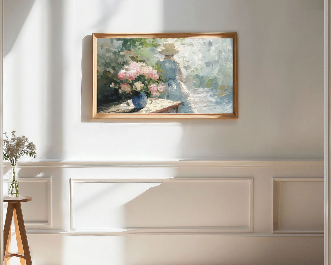 Spring Frame Tv Art Woman In Garden Mothers Day Frame Tv Art Floral Vintage Style Oil Painting Blue Green Pink Textured Tv337 - Image 2
