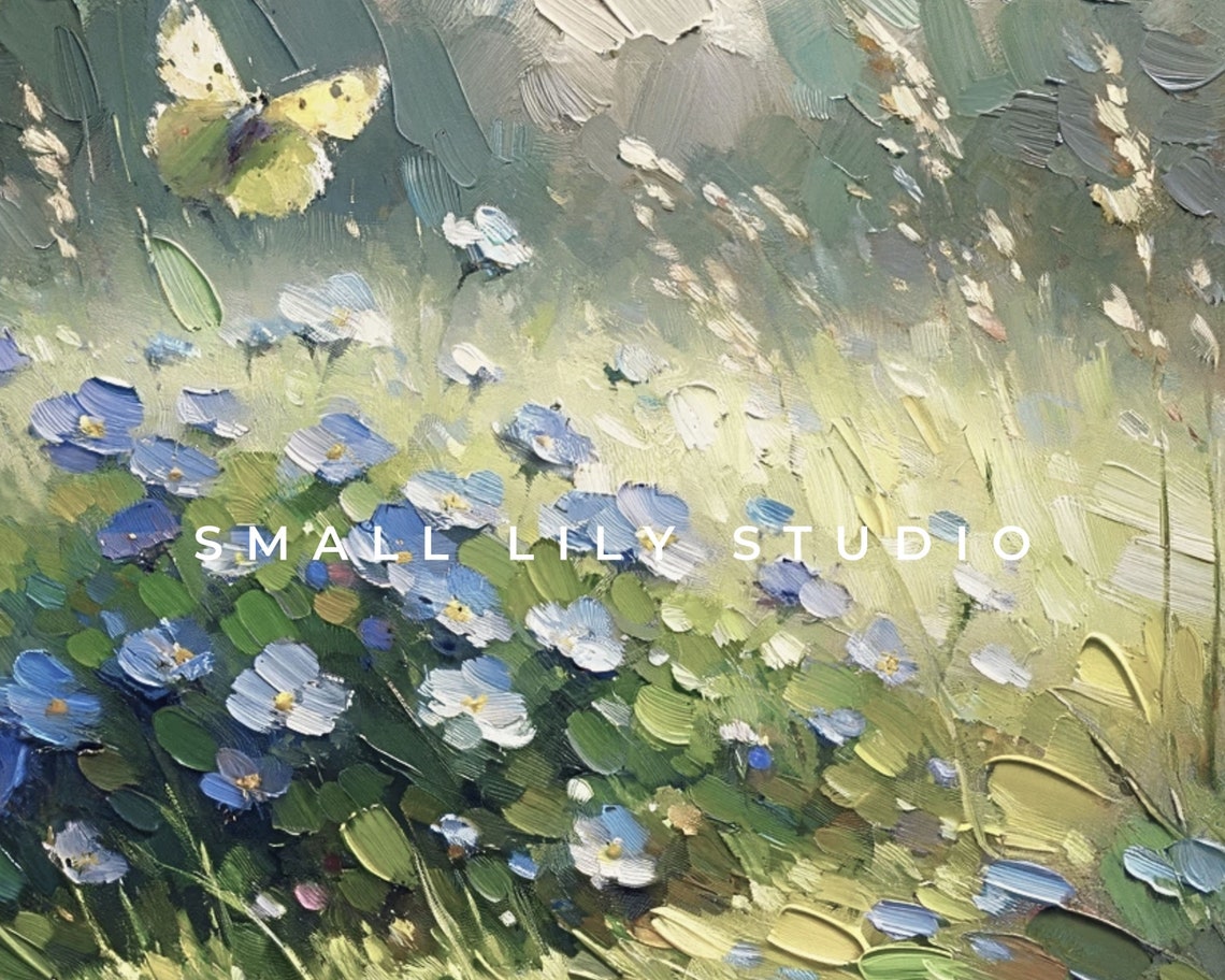 Blue Flowers Yellow Butterfly Impasto Textured Spring Painting Poster - Image 4