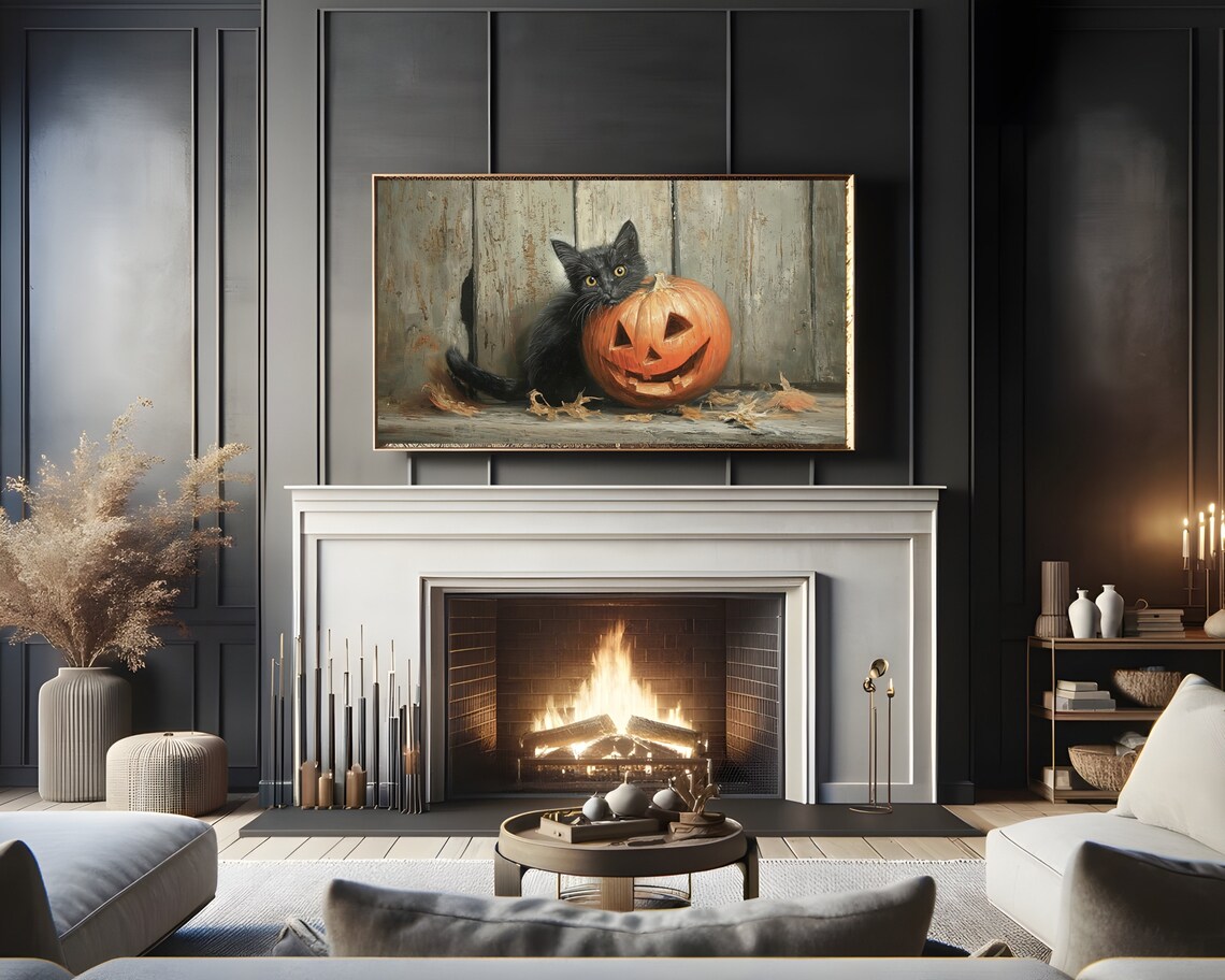 Black Kitten With Jack O Lantern Rustic Vintage Halloween Painting Poster - Image 2