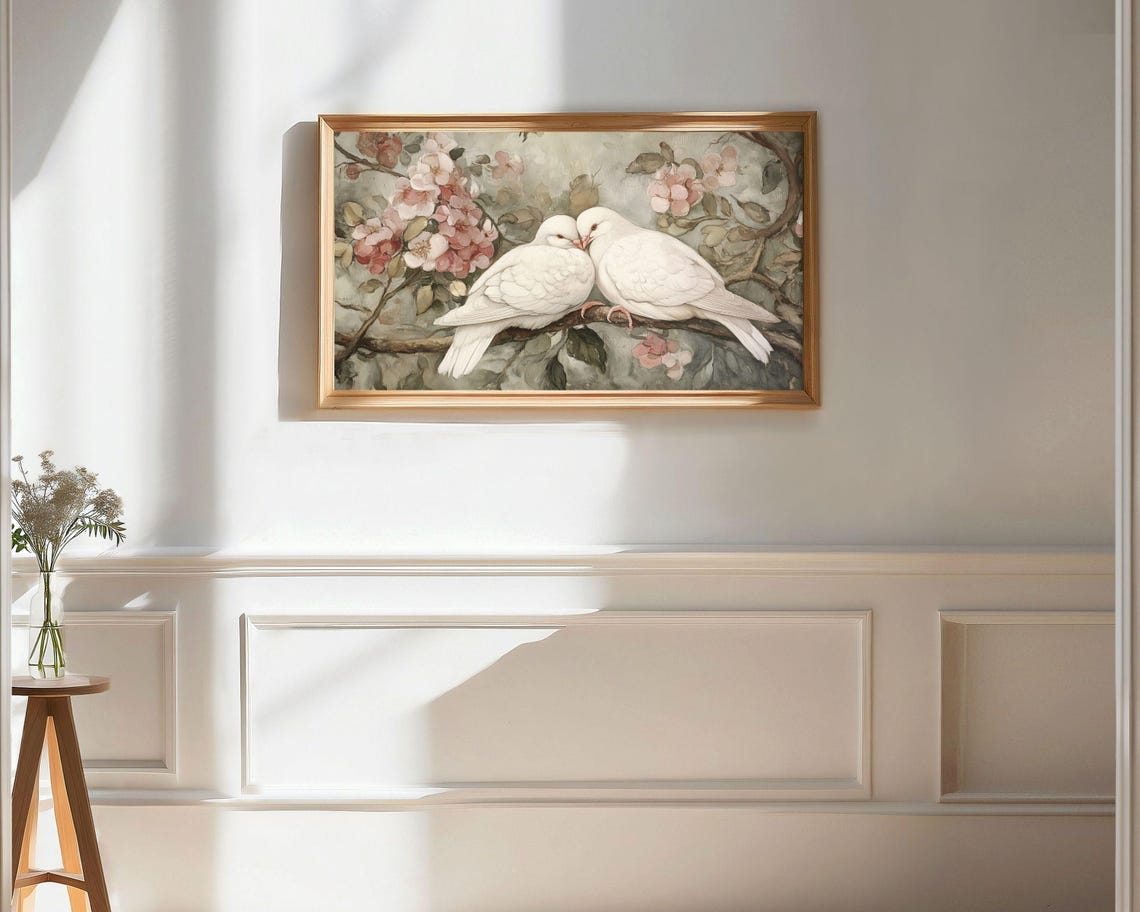 Two White Doves Nuzzling on Blossom Branch Romantic Floral Bird Poster - Image 2