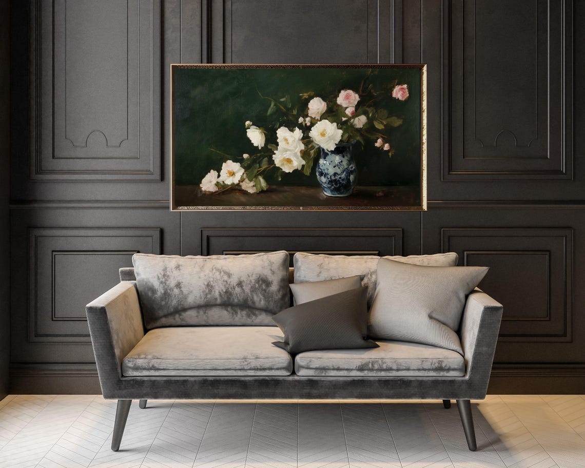 Frame Tv Art Roses In Oriental Vase Frame Tv Art Vintage Style Flower Still Life Painting Dark Green Moody Floral Artwork Tv619 - Image 3