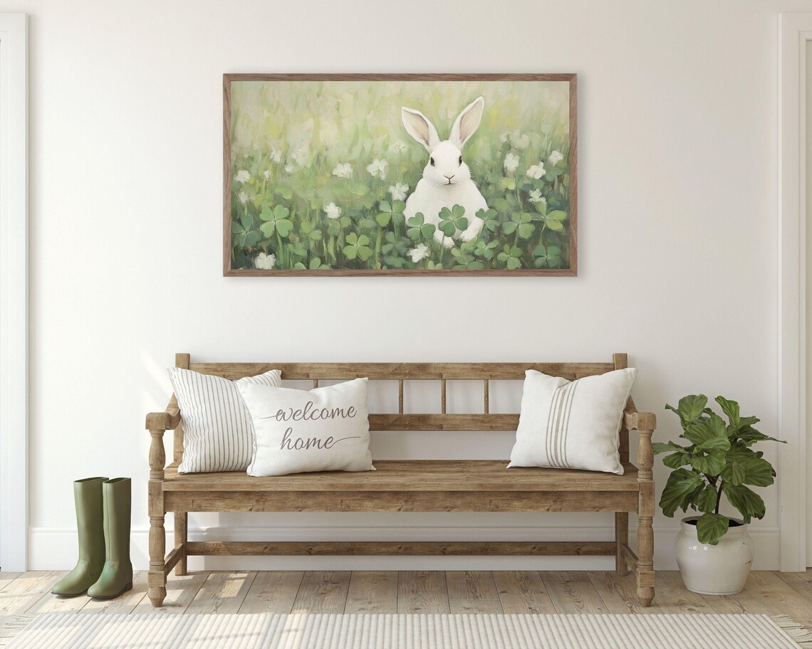 Bunny In Shamrocks Easter Rabbit Art Print - Image 3