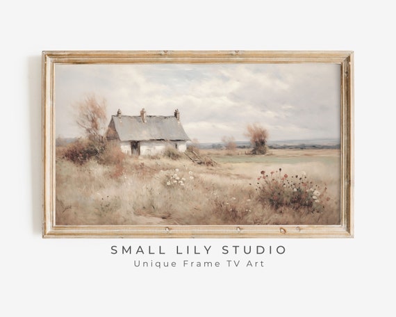 Frame Tv Art Cottage In Country Landscape Neutral Fall Vintage Style Farmhouse Painting Frame Tv Art Rustic Beige Brown Tv378