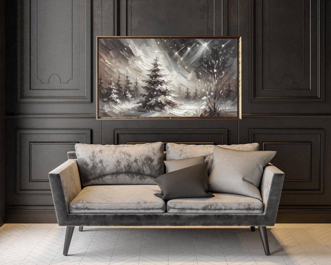 Black White Pine Tree Night Stars Snow Abstract Textured Winter Art Poster - Image 3
