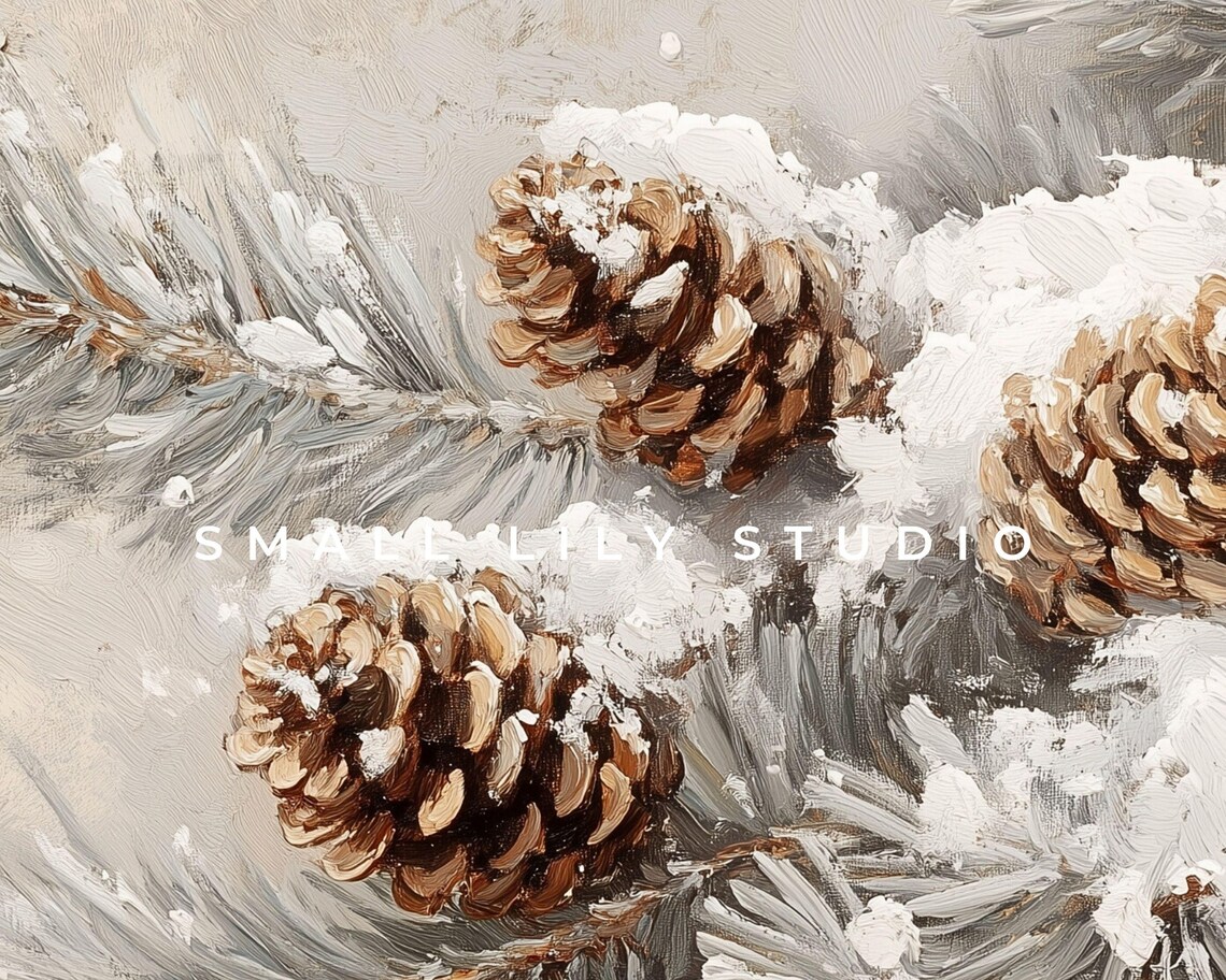 Pinecones on Snowy Pine Branches Neutral Winter Botanical Vintage Poster - Image 4