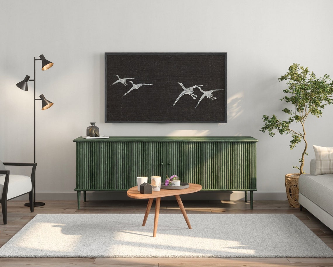 Frame Tv Japanese Cranes Vintage Minimalist Japandi Tv Art Black And White Antique Wood Block Frame Tv Art Wabi Sabi Tv60 - Image 4