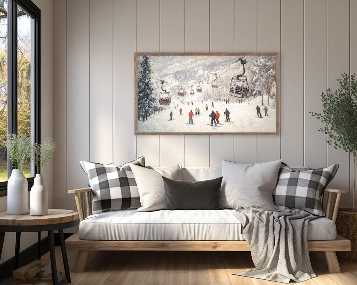 Frame Tv Art Gondolas And Skiers Frame Tv Art Winter Holidays In Snowy Mountains Vintage Style Painting Tv Screeensaver Tv586 - Image 3