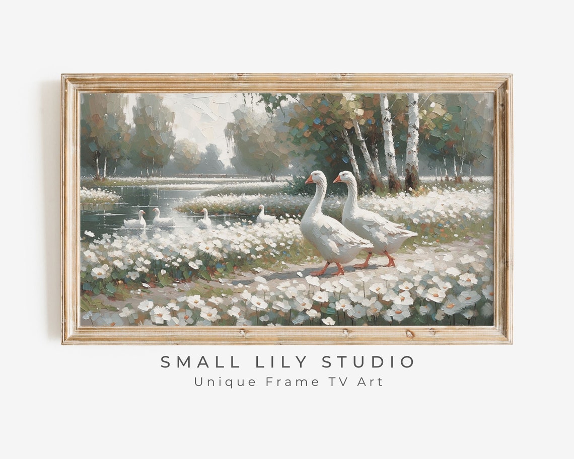 White Geese Among Daisies By Pond Impressionist Country Scene Poster
