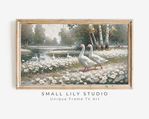 Frame Tv Art Geese In Daisies Spring Frame Tv Artwork Vintage Painting Style Farmhouse Tv Art Cute Animals White Flowers Tv278