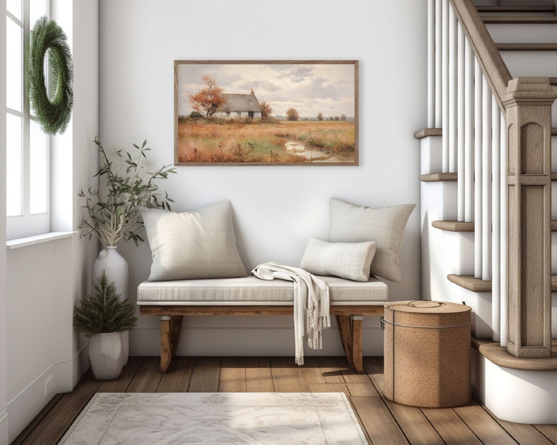 White Cottage In Autumn Field With Orange Grasses Vintage Oil Poster - Image 2