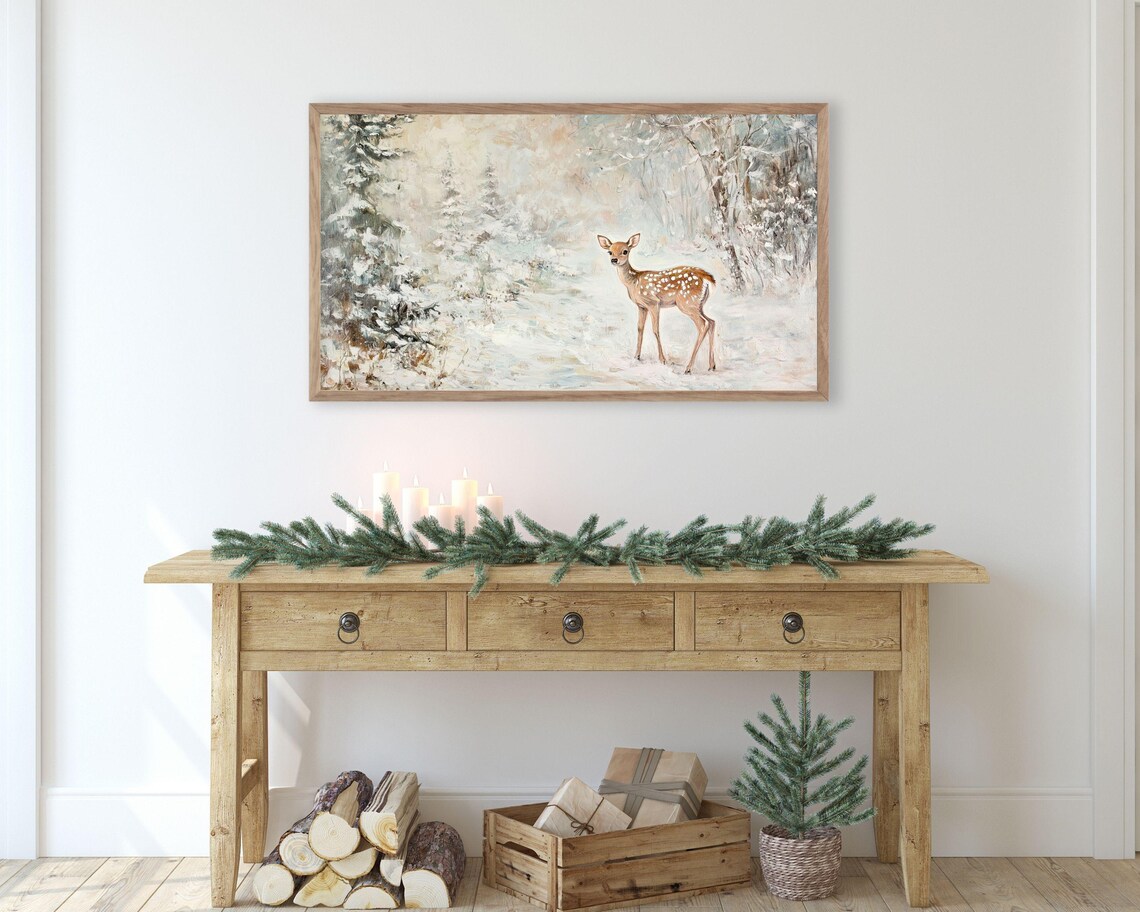 Baby Deer in Forest, Neutral Winter Art Print - Image 2