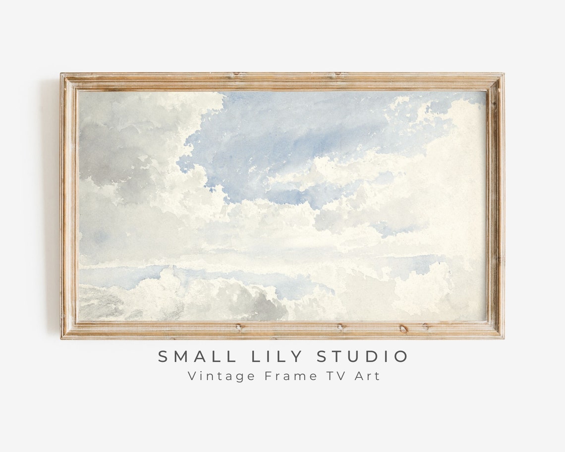 Soft Blue White Watercolor Clouds Minimalist Sky Landscape Art Print
