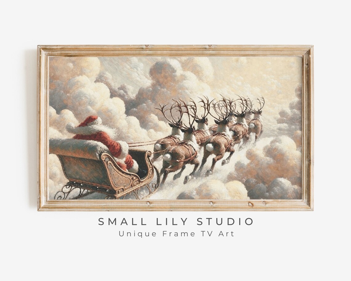 Santa And Reindeer Flying Sleigh Christmas Poster
