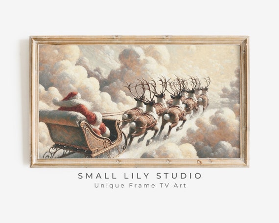 Santa And Reindeer Flying Sleigh Christmas Poster