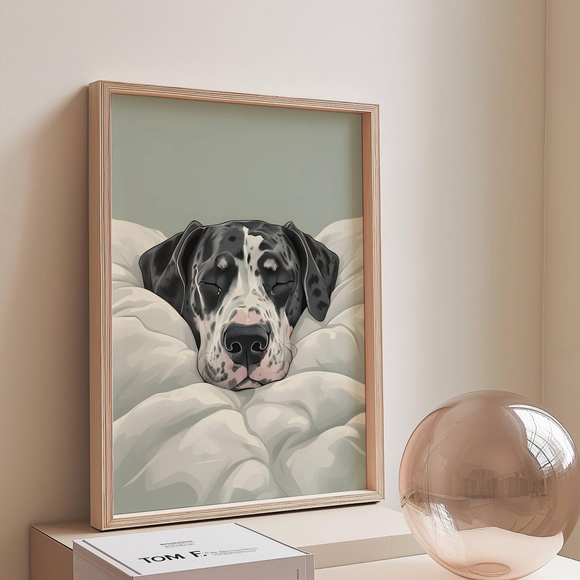 Sleeping Great Dane Spotted Puppy Cozy Bed Cute Dog Art Poster