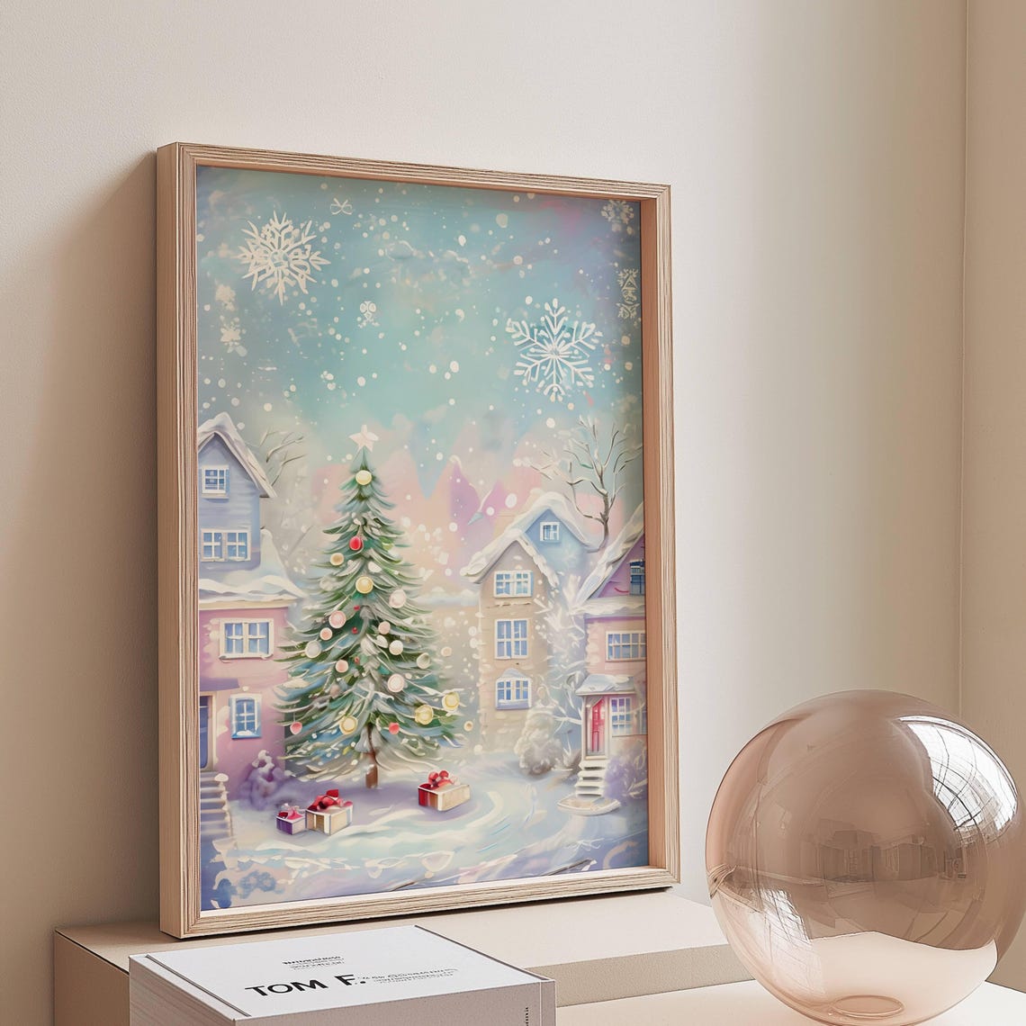 Cozy Christmas Street Pastel Village Tree Gifts Snowflake Holiday Poster
