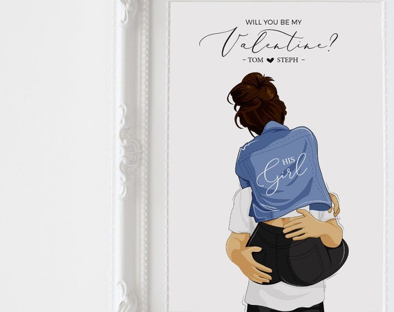 Custom Valentine Couple Portrait Romantic Carry Pose Illustration Poster