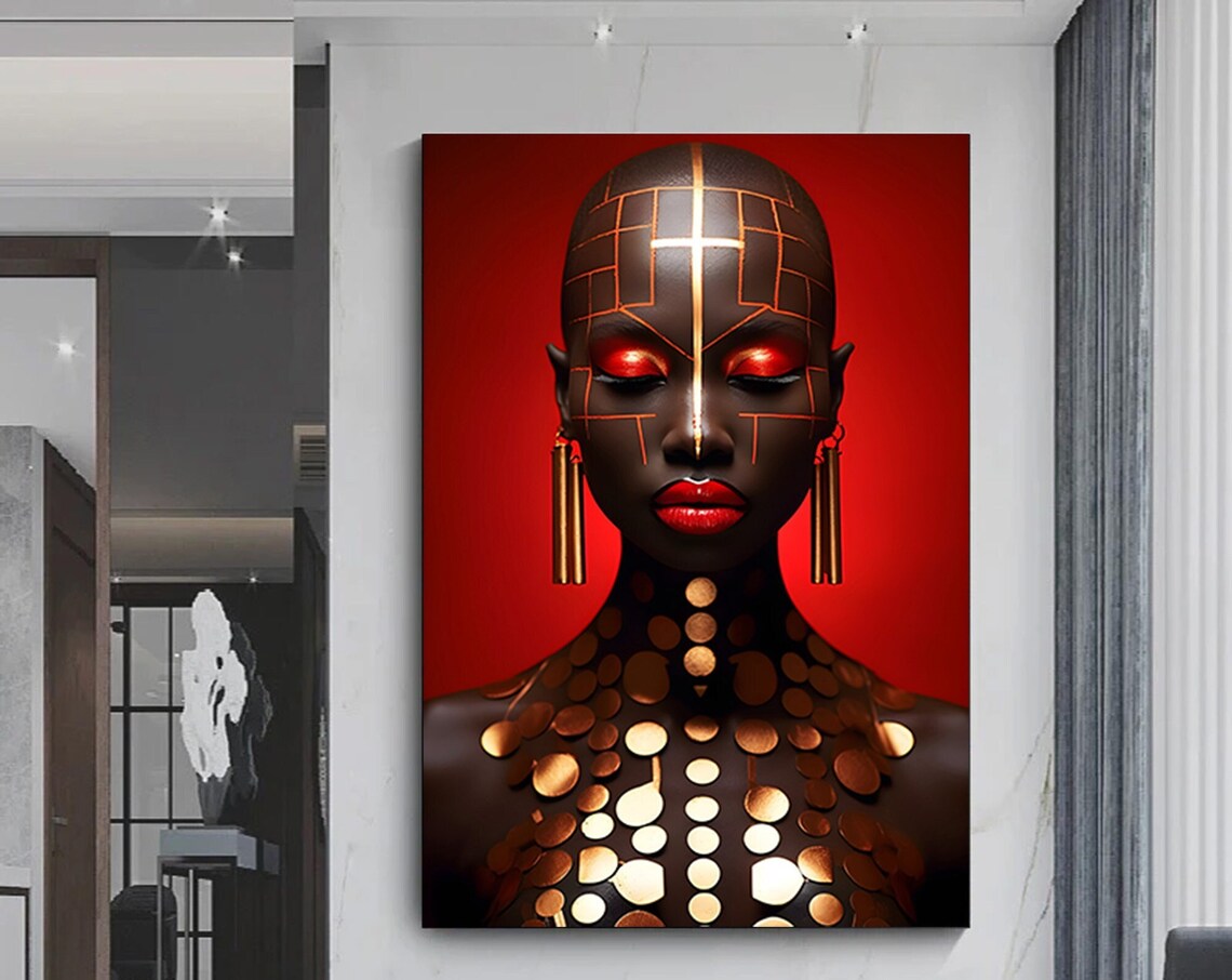 Futuristic African Queen Gold Geometric Face Modern Canvas Art Poster