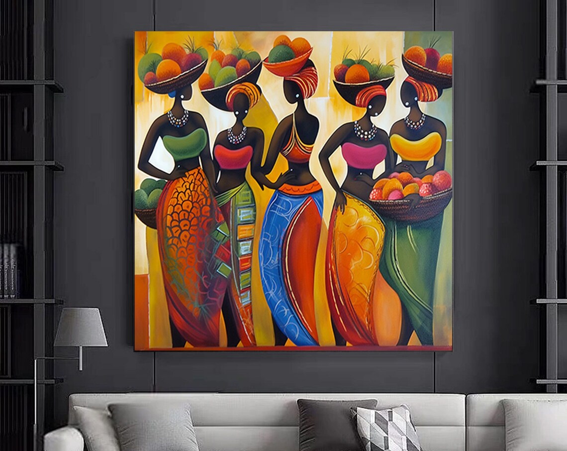 African Women Fruit Baskets Colorful Naive Folk Style Painting Poster