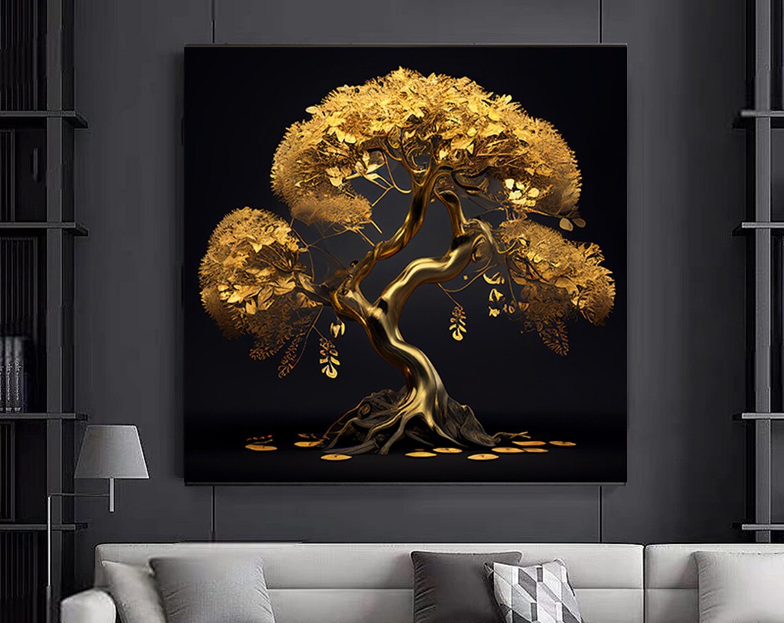 Golden Bonsai Tree on Black Background Luxury Modern Decor Poster