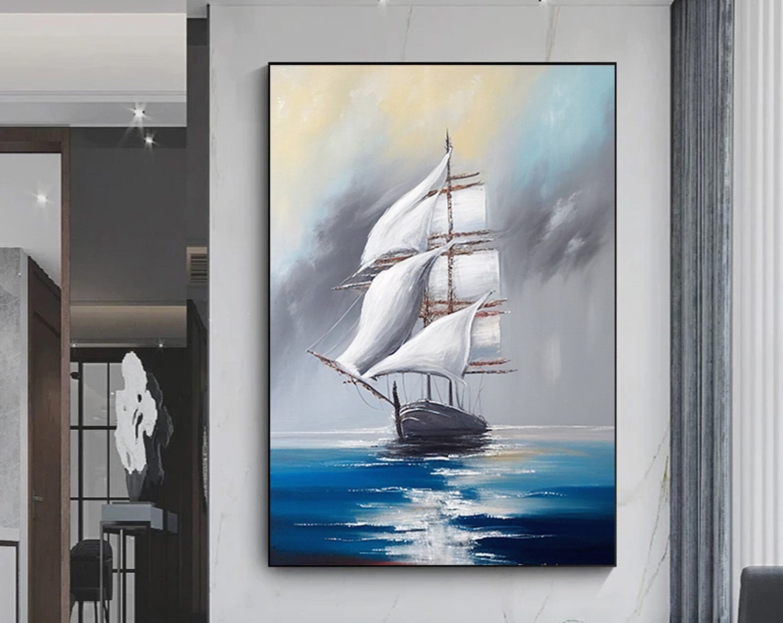 Sailing Ship White Sails Blue Sea Classic Oil Painting Poster