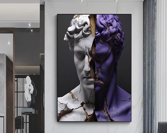 David Statue Split White Purple Marble Gold Crack Modern Poster