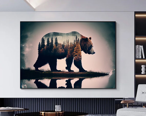 Bear Canvas Wall Art Tree Landscape Painting Brown Modern Home Decor Ready To Hang