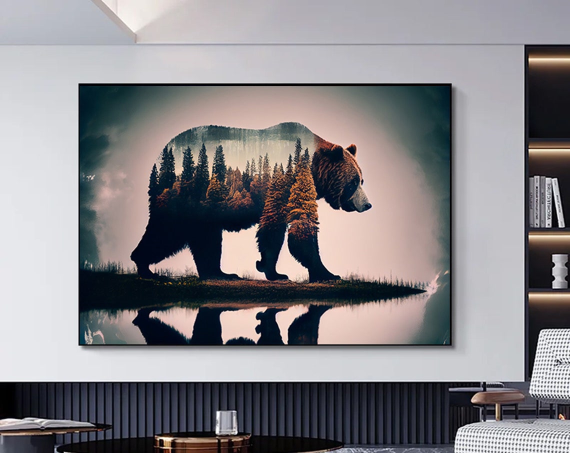 Bear Canvas Wall Art Tree Landscape Painting Brown Modern Home Decor Ready To Hang