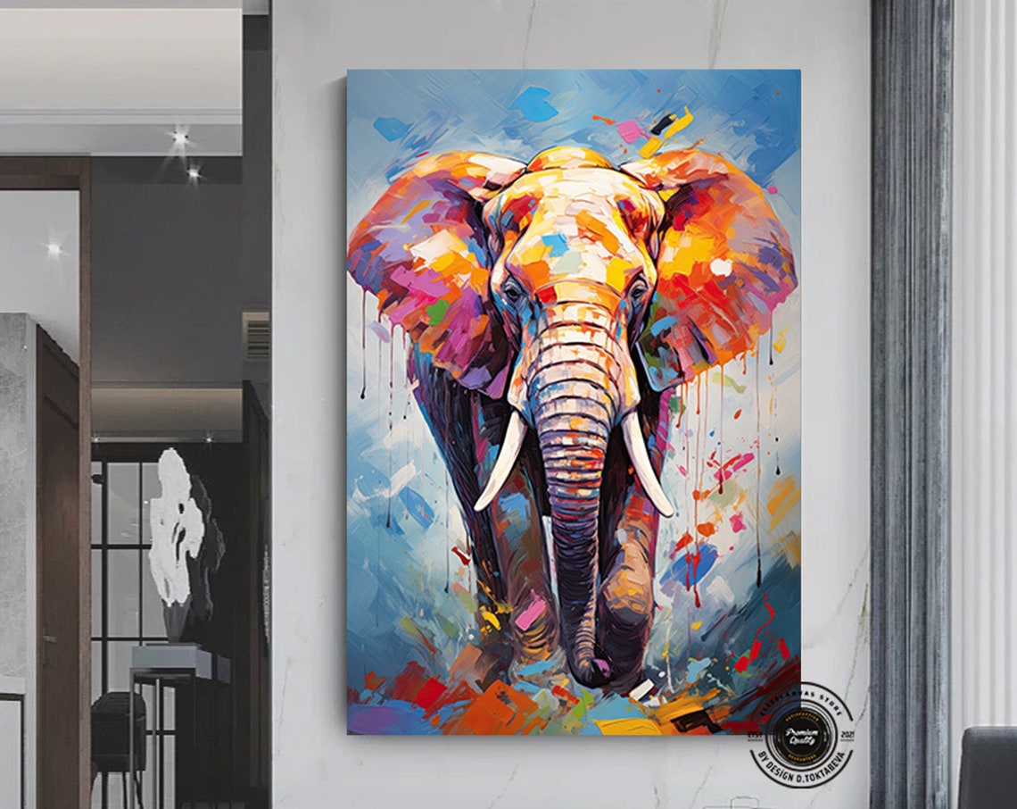 Colorful Elephant Print Pop Art Wall Canvas Watercolor Poster Above Bed Decor