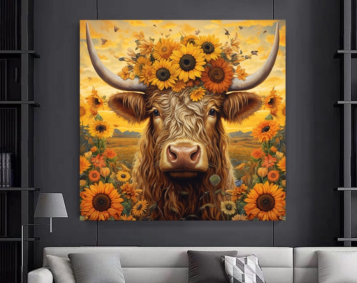 Highland Cow Sunflower Crown Golden Field Cute Farm Decor Poster