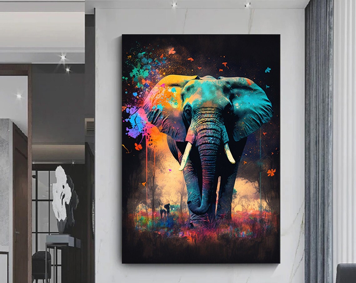 Elephant Butterflies Teal Orange Splashes Dark Whimsy Art Poster