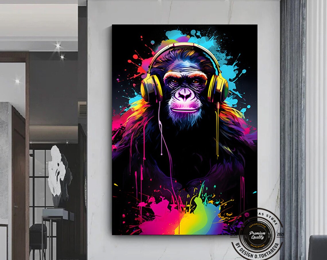 Gorilla Wearing Headphones Neon Paint Splash Music Animal Poster