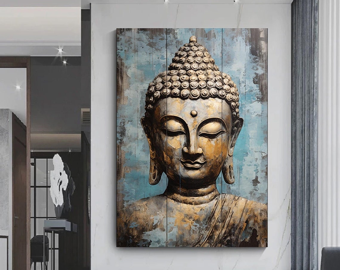 Buddha Statue Face Rustic Stone Texture in Blue Gray Tones Poster