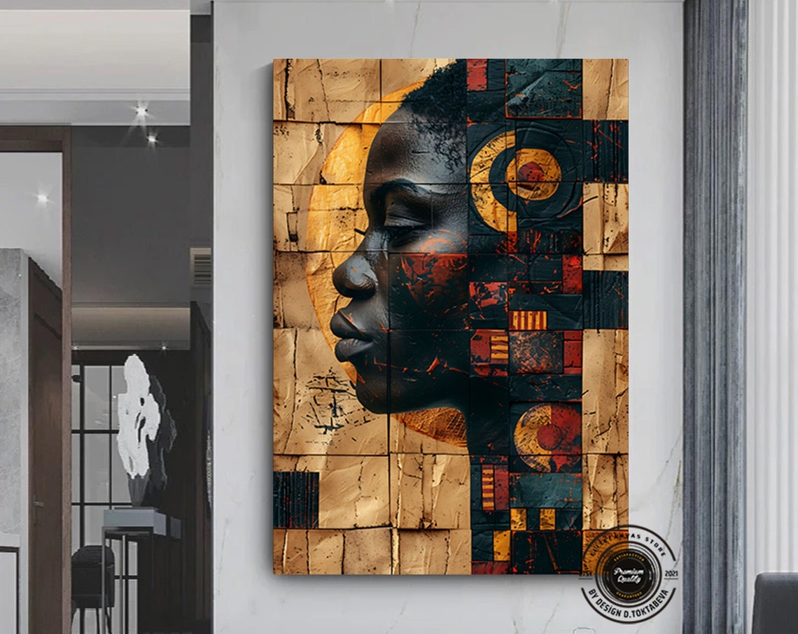 African Profile Collage Golden Sun Textured Mixed Media Art Poster