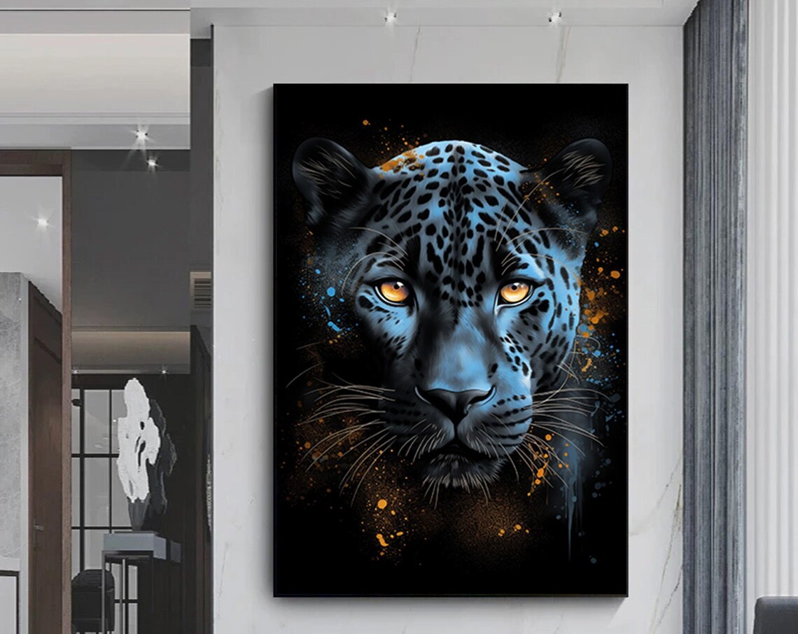 Blue Leopard Golden Eyes Electric Wildlife Portrait Art Poster