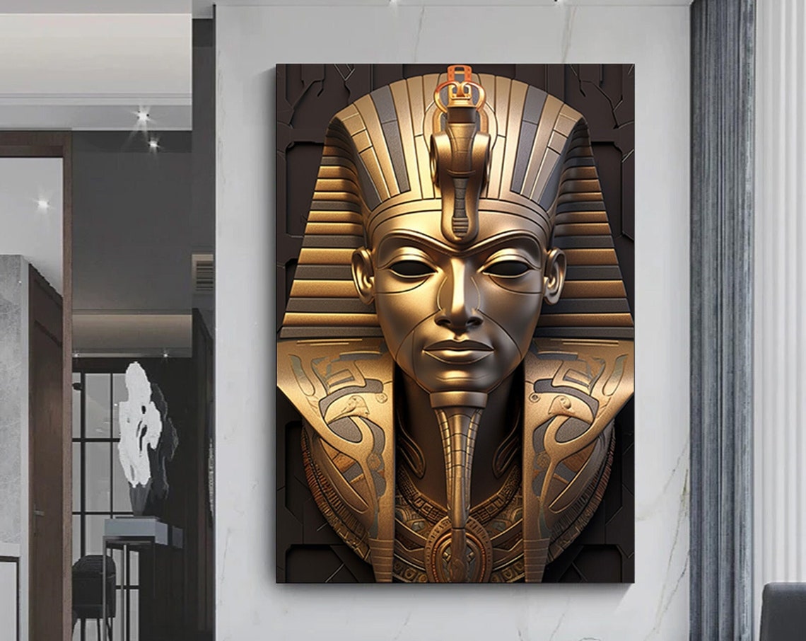 Golden Egyptian Pharaoh Bust 3D Relief Sculpture Museum Style Poster