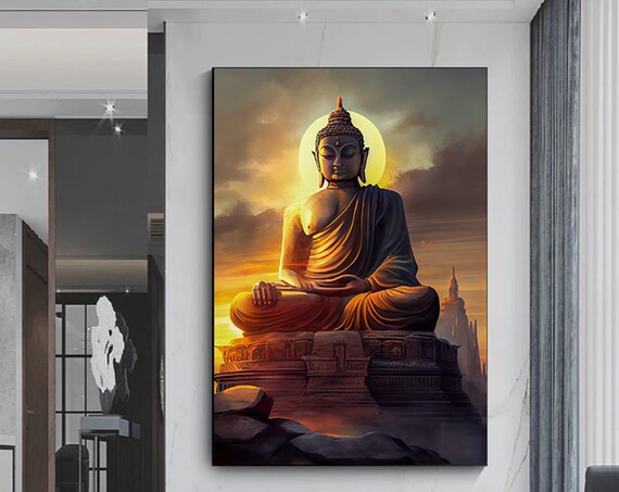Meditating Buddha At Sunset With Halo Golden Temple Scene Poster