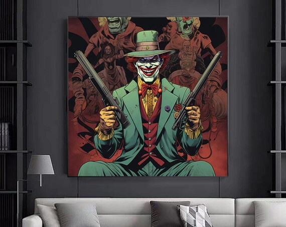 Joker Style Clown Two Guns Green Suit Retro Comic Villain Art Poster