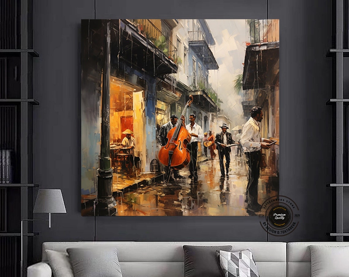 Street Jazz Musicians Rainy Old Town Double Bass Scene Poster