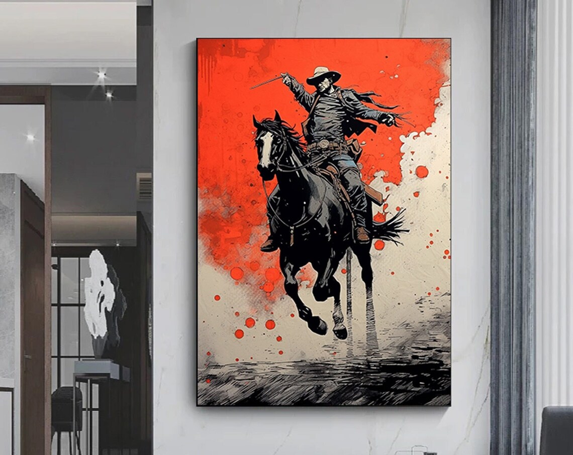 Cowboy on Rearing Horse Red Western Comic Style Action Poster