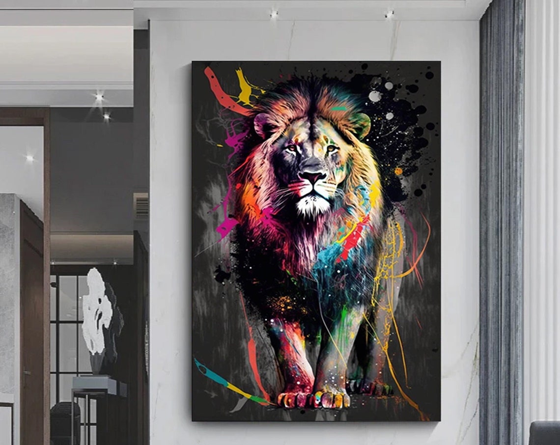 Colorful Lion Pop Art Splatter Paint Black Background Wildlife Poster