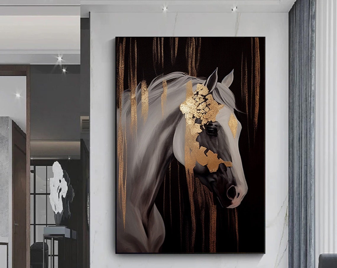 White Horse Gold Leaf Splatter Black Elegant Luxury Art Poster
