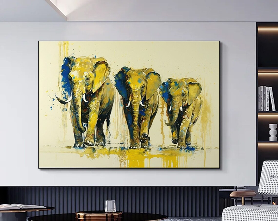Three Golden Elephants Walking Watercolor Herd Animal Art Poster